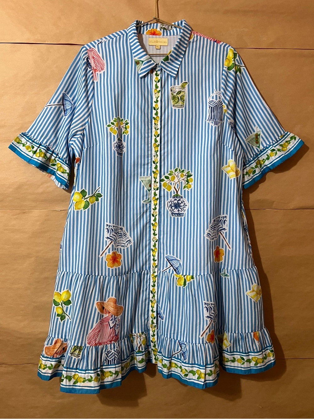 IslaPayal | Lisbon Mini Dress Martini Blue Stripe Lemons Button Front Size XL